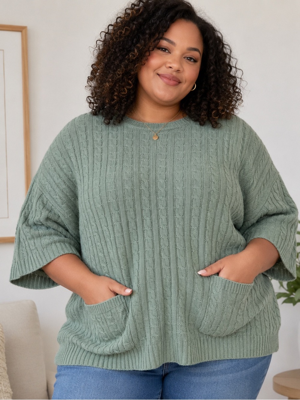 mts Cozy Cable Knit Pocket Sweater - Sage Green